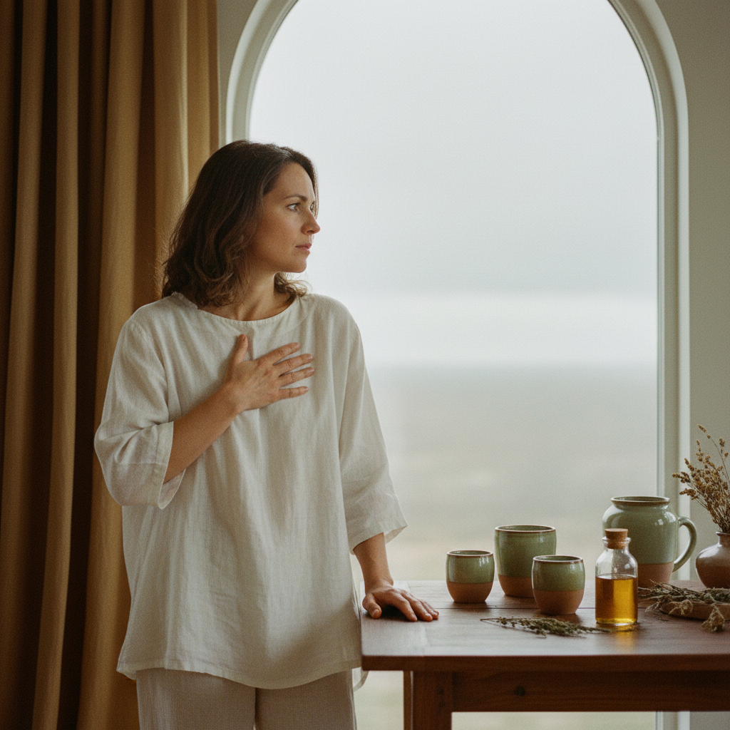 Woman by a tall window with one hand resting on her chest, looking quietly overwhelmed in overcast silver daylight