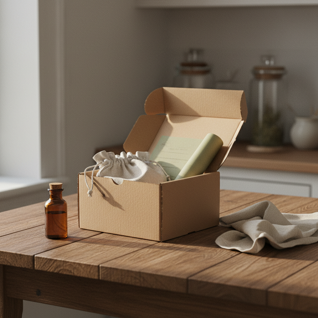 An at-home parasite test and cleanse kit with a linen pouch, guide, and tincture bottle on a wooden table