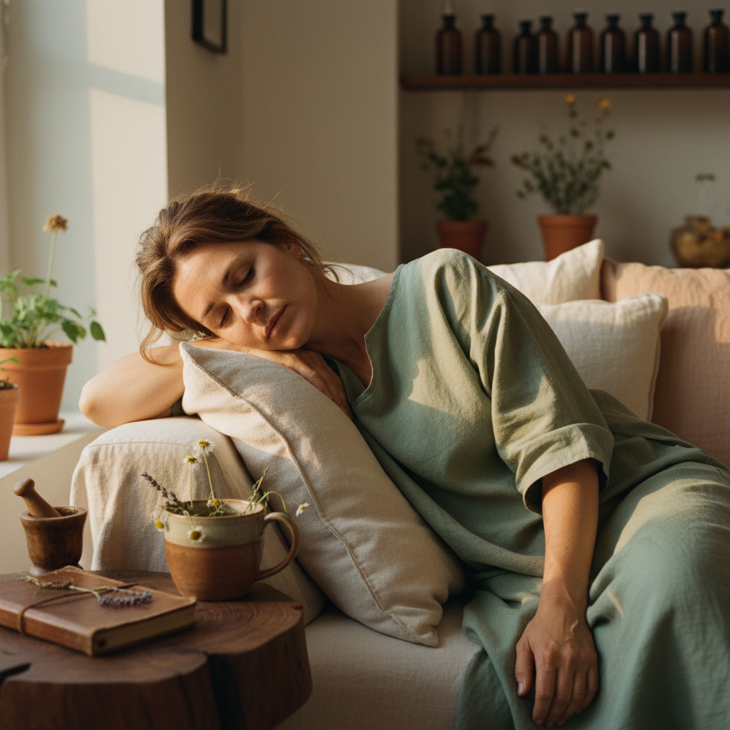 A woman feeling drained and anxious, showing how parasites can affect mood and energy through the gut-brain connection