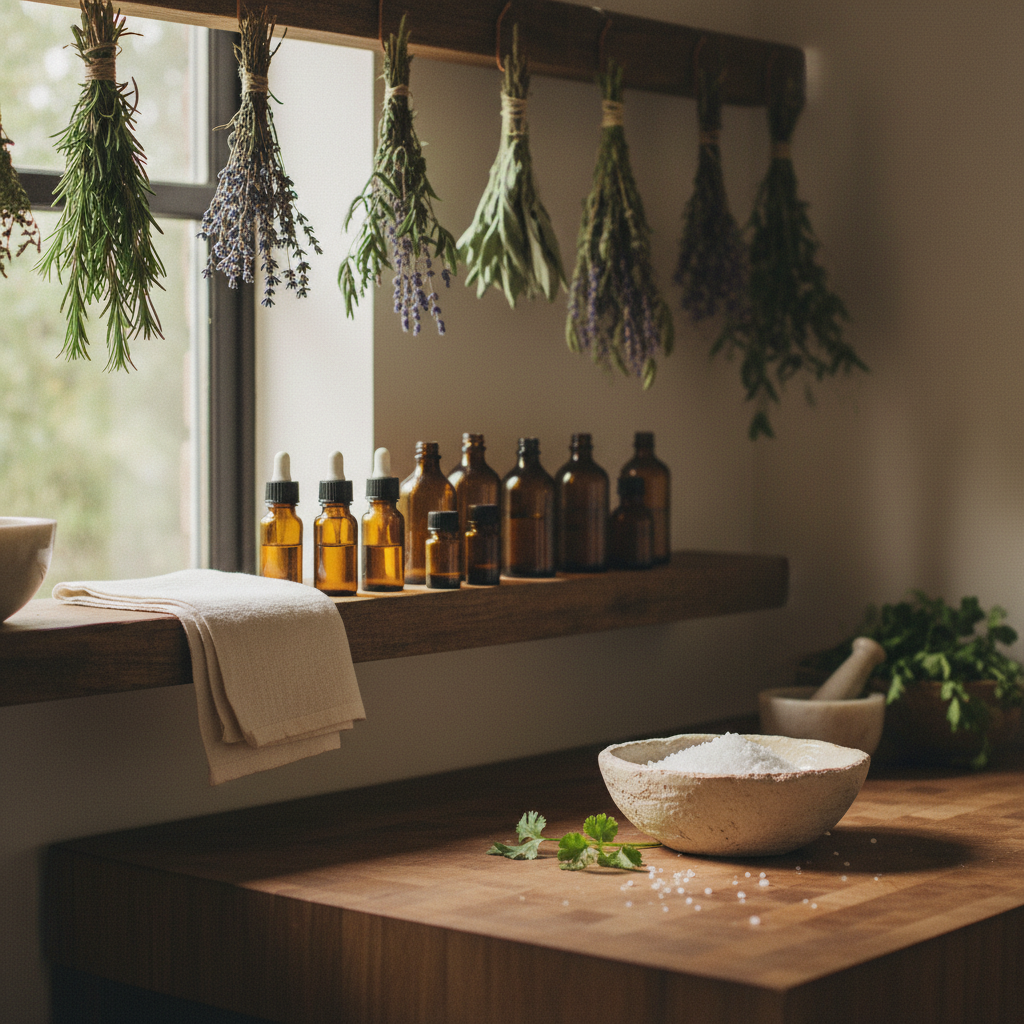A calm apothecary shelf with herbs and tinctures used to support the body and ease the nervous system