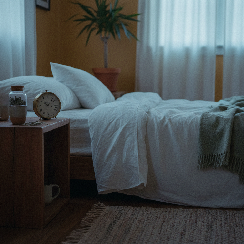 A dark bedroom with a clock, showing the night waking and full moon flares linked to pinworms