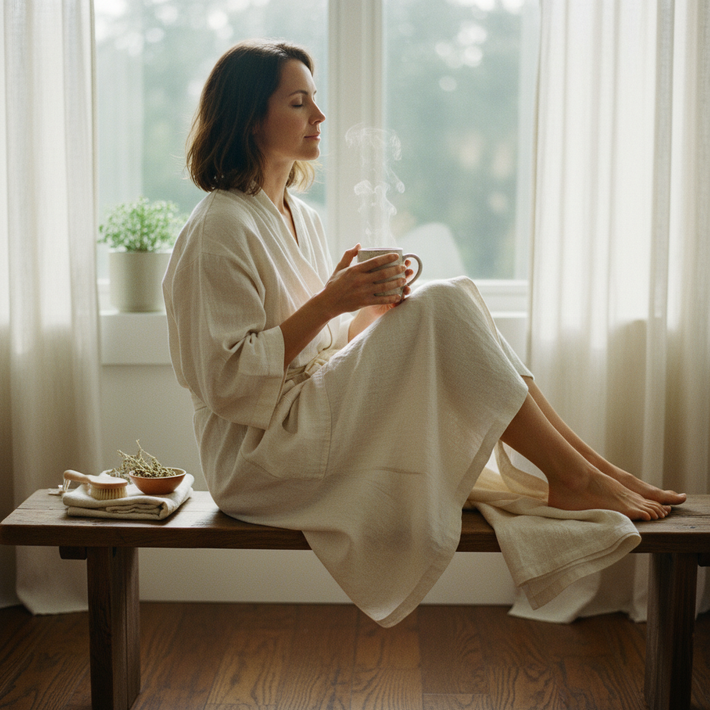 Woman in cream linen sitting calmly by a window with a ceramic mug of herbal tea, dry brush and folded towel beside her, representing drainage pathways prep before a parasite cleanse