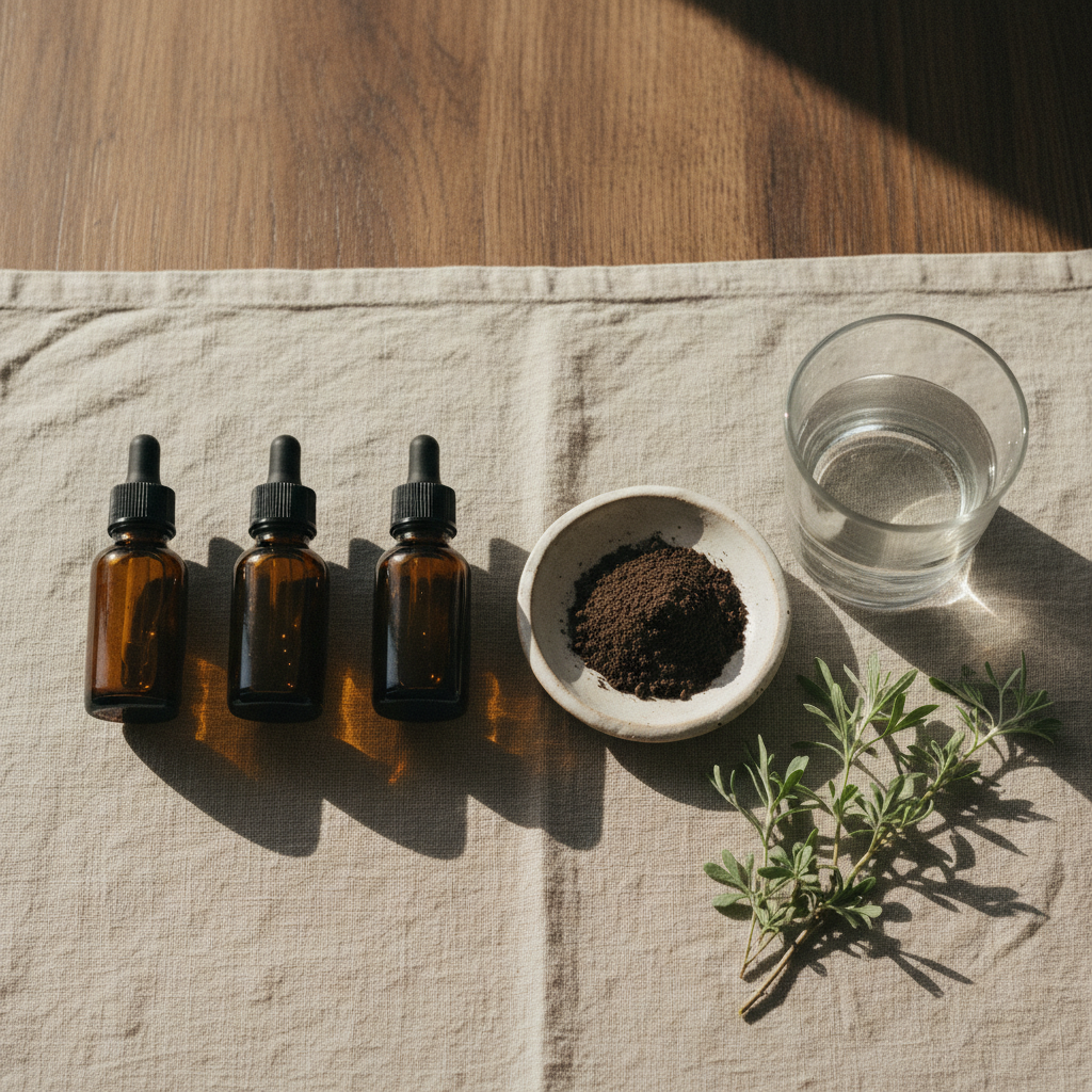 Three amber tincture bottles, a ceramic dish of binder powder, a glass of water, and fresh wormwood arranged on linen, illustrating how to do a parasite cleanse step by step