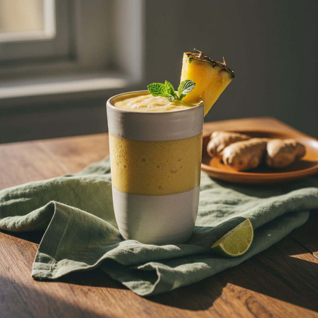 Golden pineapple ginger smoothie in a ceramic glass with fresh mint and lime