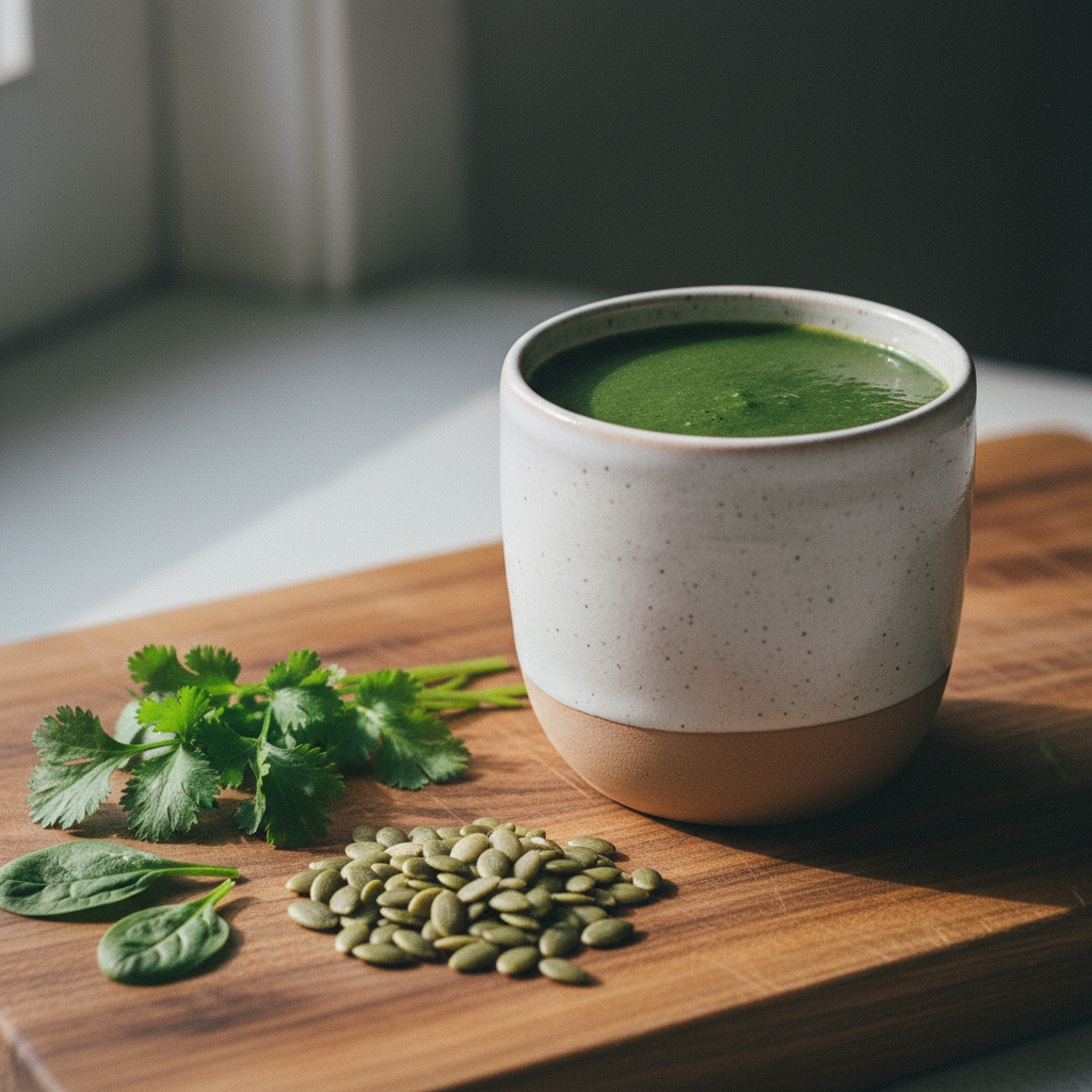 Deep green smoothie in a stoneware tumbler with raw pumpkin seeds, cilantro and baby spinach