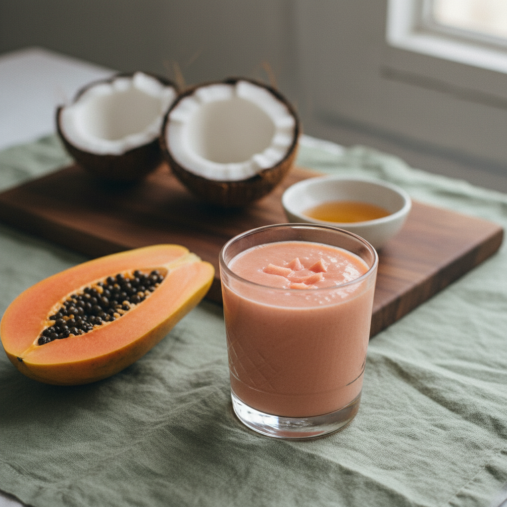 Soft coral pink papaya coconut smoothie with halved papaya, black seeds, and fresh coconut