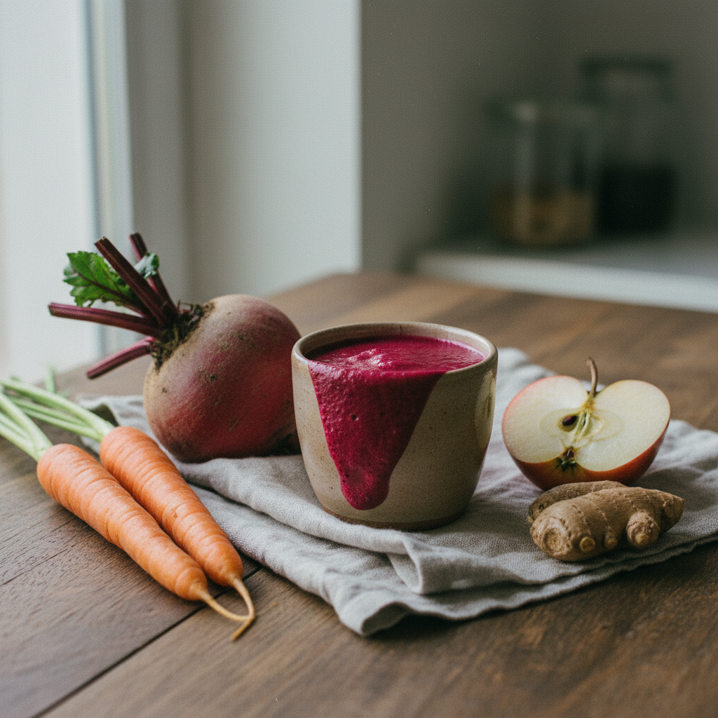 Vivid magenta beet and carrot smoothie in a ceramic cup with raw beet, carrots, apple, and ginger