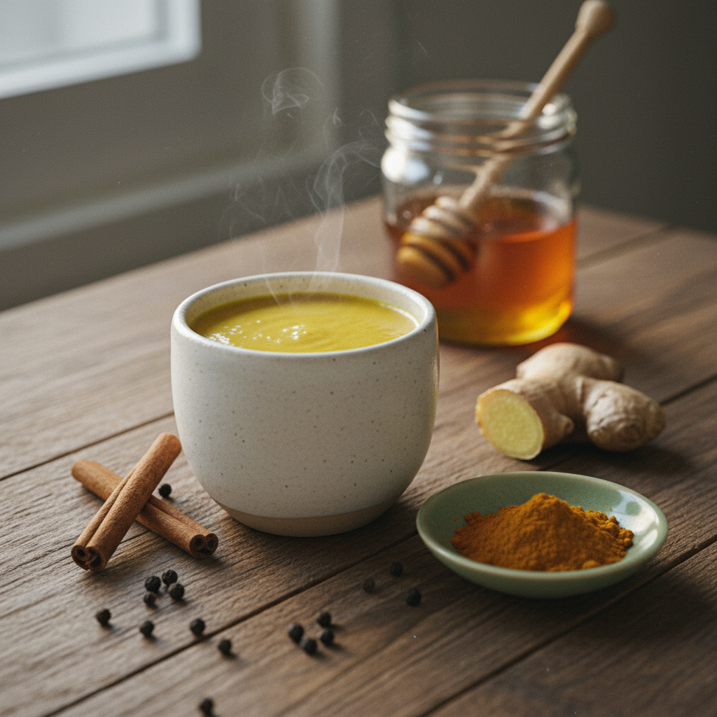 Warm golden turmeric smoothie in a ceramic mug with turmeric, cinnamon stick, ginger, and honey