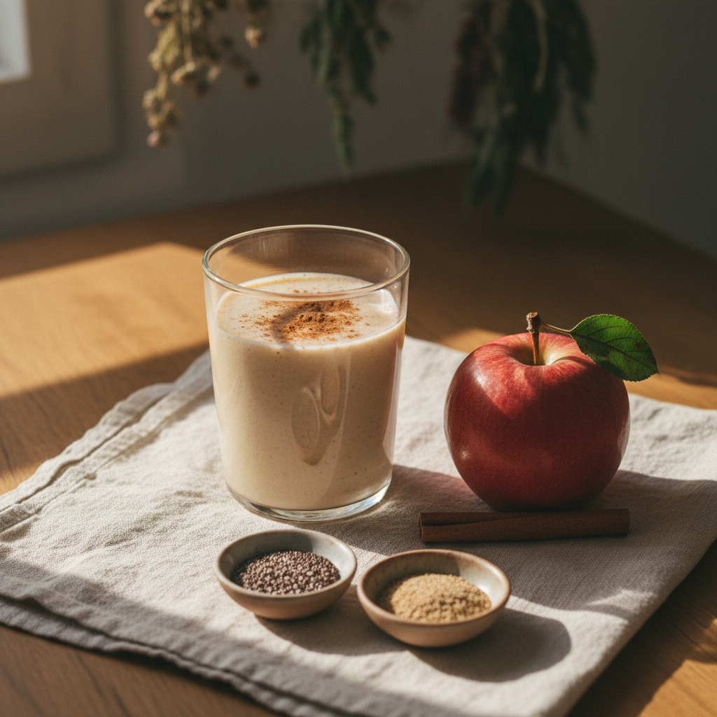 Pale beige apple cinnamon smoothie dusted with cinnamon, beside a red apple and dishes of chia and flax