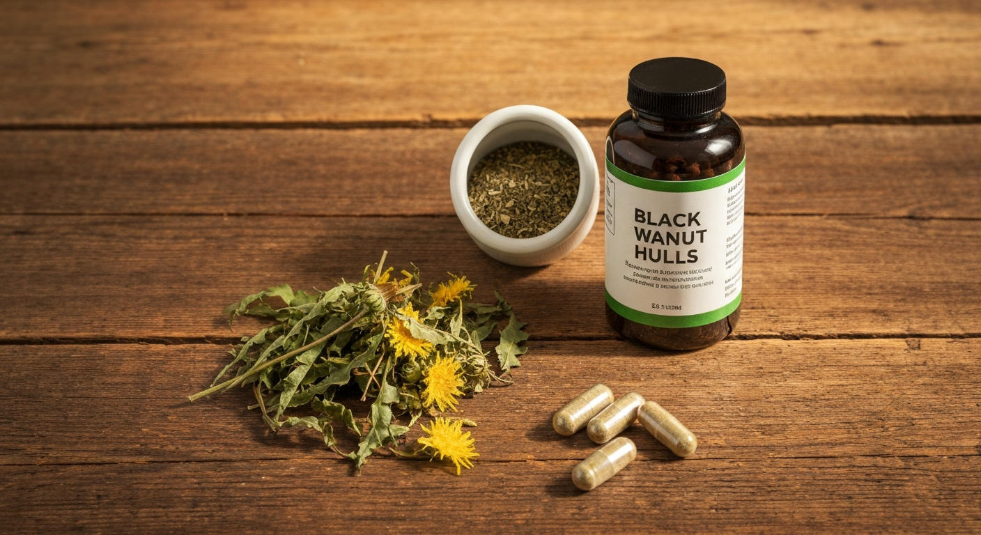 Natural detox herbs for parasite cleanse including wormwood, black walnut and cloves on wooden surface