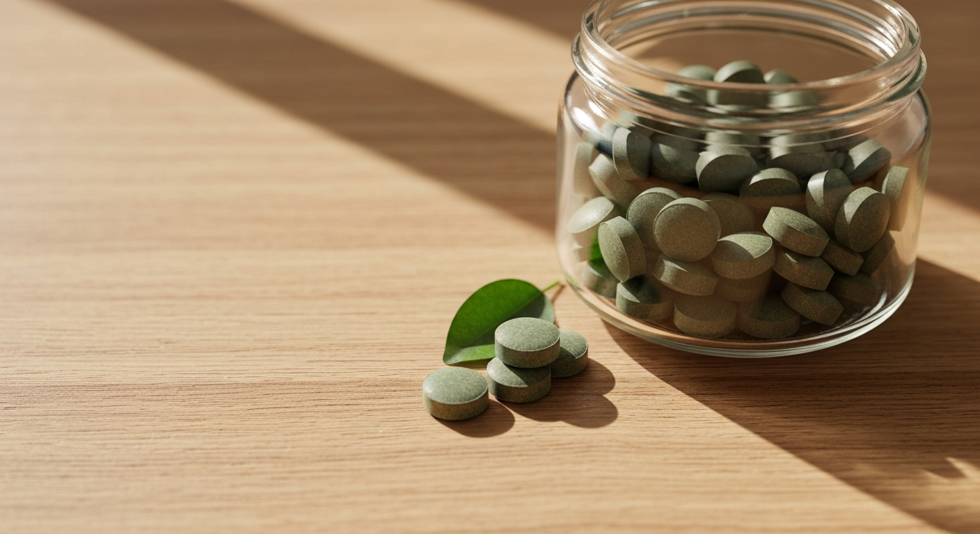 Green chlorella tablets spilling from glass jar - chlorella as a natural binder during parasite cleanse