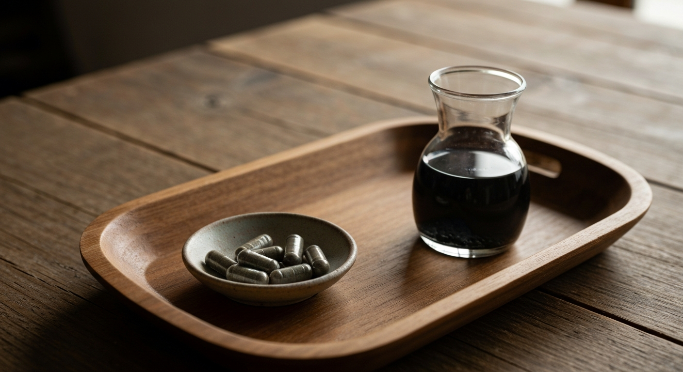 Supplement bottle, activated charcoal capsules and hourglass representing correct binder timing during parasite cleanse