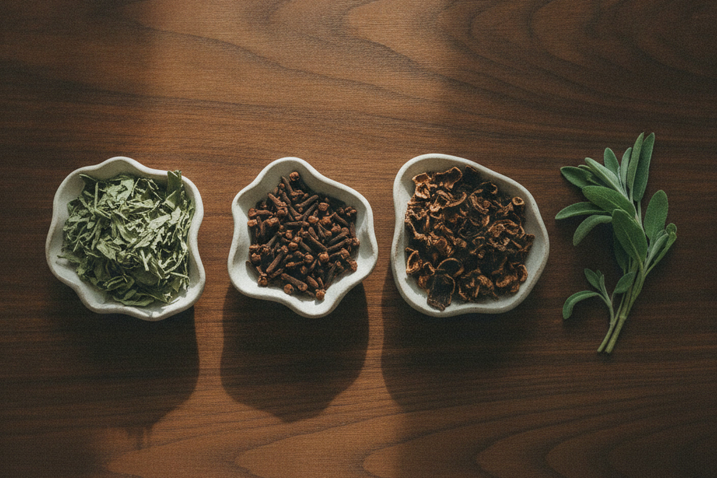 Dried wormwood, cloves and walnut hulls in small dishes, the traditional herbs used in an intestinal worm cleanse