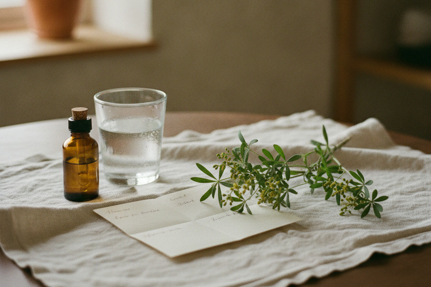 Amber tincture bottle, glass of water and a written schedule laid out for week one of a parasite cleanse kit