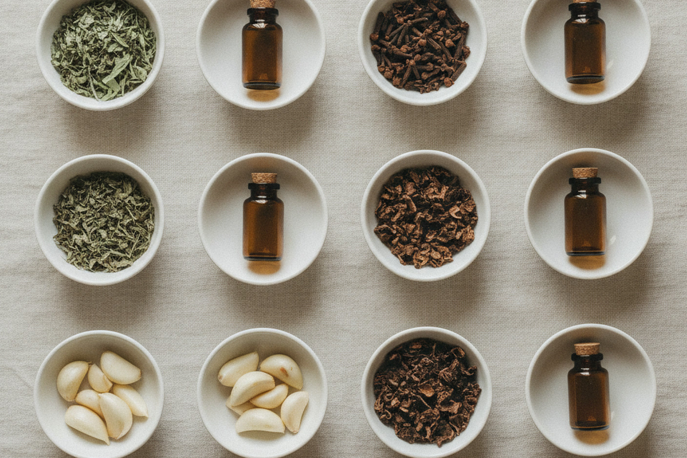 Wormwood, clove, walnut hull and garlic set out in small dishes, the core ingredients in a parasite cleanse supplement