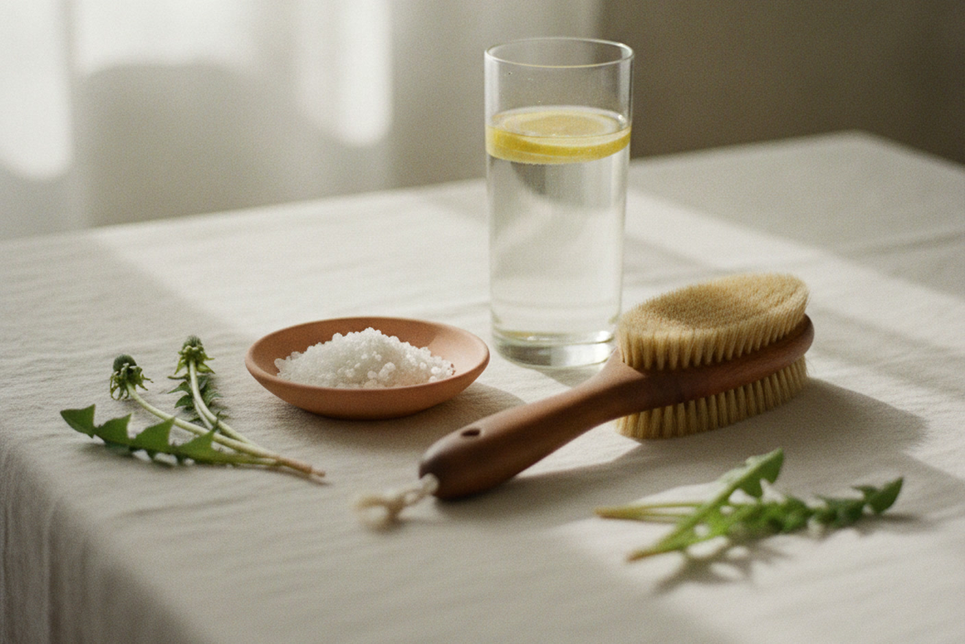 Water with lemon, mineral salt, a dry body brush and dandelion leaf laid out for parasite detox drainage prep